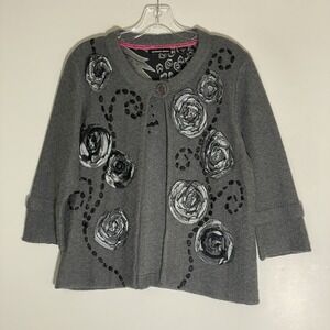 Michael Simon Cardigan Sweater Womens PL Gray Rosette Floral Embroidered Classy